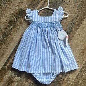 Edgehill Collection Blue and White Striped Dress with Smocked Bodice
